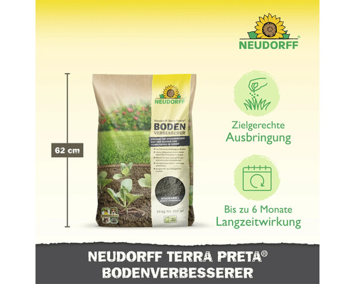 Neudorff Terra Preta Bodenverbesserer im 10 Kilogramm Sack mit einer Höhe von 62 Zentimetern und einer Langzeitwirkung von bis zu 6 Monaten.