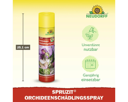 Neudorff Spruzit Orchideen Schädlingsspray in einer Sprühdose mit einer Höhe von 25,1 Zentimetern für die Bekämpfung von Pflanzenschädlingen.