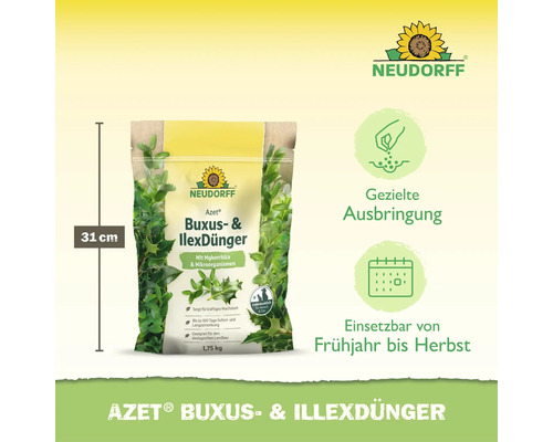 Neudorff Azet Buxus und Ilex Duenger 1,75 kg Packung mit Mykorrhiza fuer kraeftiges Pflanzenwachstum und Anwendung von Fruehjahr bis Herbst.