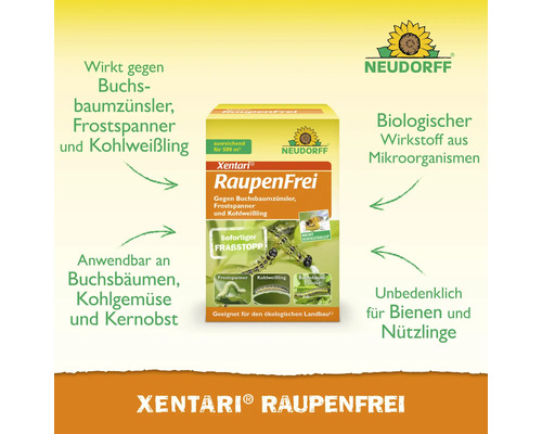 Neudorff Xentari RaupenFrei Pflanzenschutzmittel zur biologischen Bekämpfung von Buchsbaumzünsler, Frostspanner und Kohlweißling bei Nutzpflanzen.