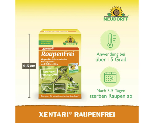 Neudorff Xentari RaupenFrei Pflanzenschutzmittel zur Bekämpfung von Buchsbaumzünsler, Frostspanner und Kohlweißling, wirksam für 500 Quadratmeter.