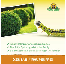 Neudorff Xentari Raupenfrei Pflanzenschutzmittel gegen Buchsbaumzünsler mit Anwendungsbeschreibung und Logo.