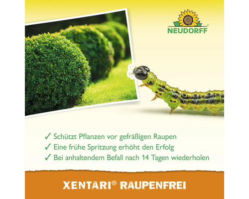 Neudorff Xentari Raupenfrei Pflanzenschutzmittel gegen Buchsbaumzünsler mit Anwendungsbeschreibung und Logo.