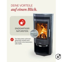 Justus Kaminofen mit gebürsteter Natursteinverkleidung und loderndem Kaminfeuer hinter einer großen Sichtscheibe. (Image AI modified or generated)