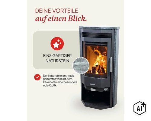Justus Kaminofen mit gebürsteter Natursteinverkleidung und loderndem Kaminfeuer hinter einer großen Sichtscheibe. (Image AI modified or generated)