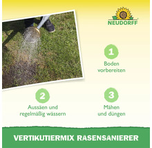 Neudorff Vertikutiermix Rasensanierer Anleitung mit drei Schritten fuer die Rasenpflege und Bewaesserung.