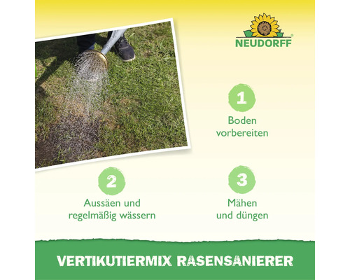 Neudorff Vertikutiermix Rasensanierer Anleitung mit drei Schritten fuer die Rasenpflege und Bewaesserung.
