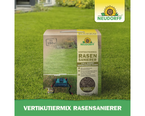 Neudorff Vertikutiermix Rasensanierer in einer Verpackung für einhundertfünfzig Quadratmeter Rasenfläche.