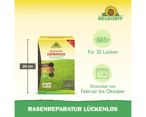 Neudorff Rasenreparatur LückenLos für 32 Stellen zur Reparatur von Rasenlücken, geeignet für Anwendung von Februar bis Oktober.