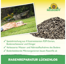 Neudorff Rasenreparatur Lückenlos mit Rasensamen, Dünger und Bodenverbesserer für die Rasennachsaat inklusive Anwendungsbeispiel.