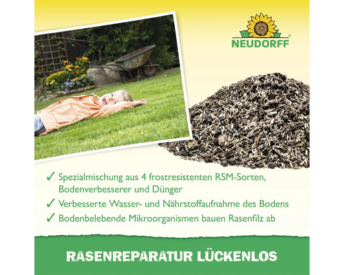 Neudorff Rasenreparatur Lückenlos mit Rasensamen, Dünger und Bodenverbesserer für die Rasennachsaat inklusive Anwendungsbeispiel.