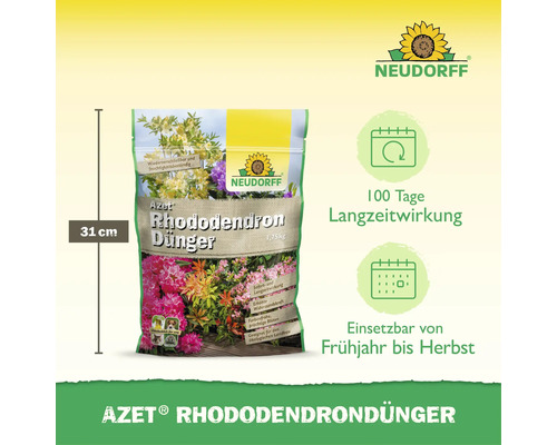 Neudorff Azet Rhododendrondünger 1,75 kg mit 100 Tagen Langzeitwirkung, für Rhododendren und Moorbeetpflanzen geeignet.