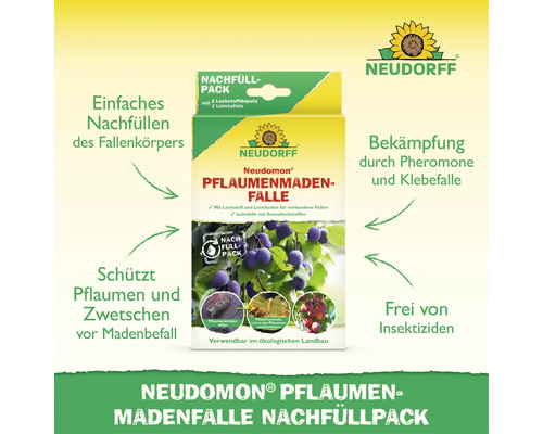 Neudorff Neudomon Pflaumenmadenfalle Nachfüllpack zur Bekämpfung von Pflaumenwicklern mit Pheromonen und Leimtafeln.