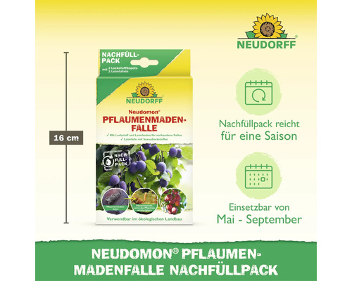 Neudorff Neudomon Pflaumenmadenfalle Nachfüllpack mit Lockstoffdepots und Leimtafeln zur Bekämpfung von Pflaumenwicklern von Mai bis September.