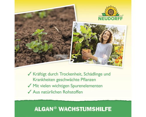 Neudorff Algan Wachstumshilfe zur Stärkung von Pflanzen durch Trockenheit, Schädlinge und Krankheiten mit natürlichen Rohstoffen und Spurenelementen.