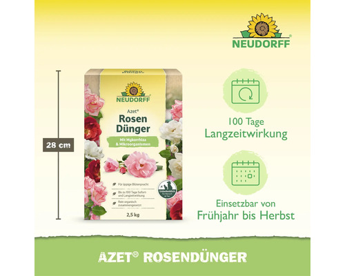 Neudorff Azet Rosendünger Packung 2,5 Kilogramm mit 100 Tagen Langzeitwirkung, für kräftiges Wachstum und üppige Blütenpracht bei Rosen.