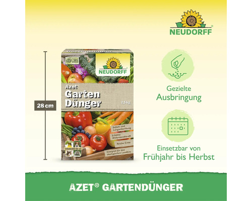 Neudorff Azet Gartendünger 2,5 Kilogramm Packung, 28 Zentimeter hoch, organischer Dünger für Gemüse und Obst im Garten.