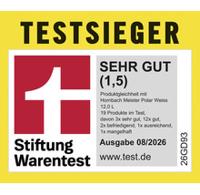 Stiftung Warentest Testsieger Siegel für Hornbach Meister Polar Weiss mit der Note sehr gut 1,5 Ausgabe 08/2026