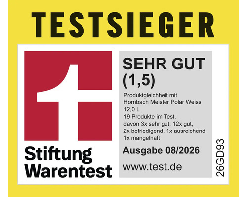 Stiftung Warentest Testsieger Siegel für Hornbach Meister Polar Weiss mit der Note sehr gut 1,5 Ausgabe 08/2026