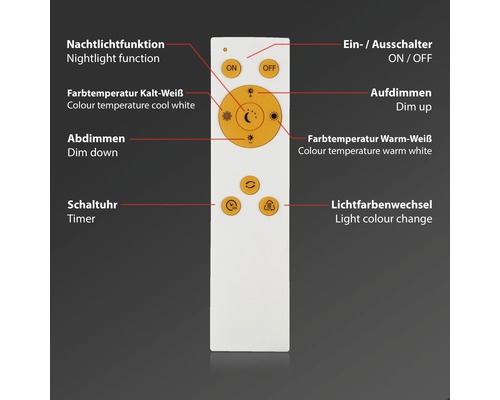 Fernbedienung für Beleuchtung mit Funktionen für Nachtlicht, Farbtemperatur, Dimmen, Timer und Lichtfarbenwechsel