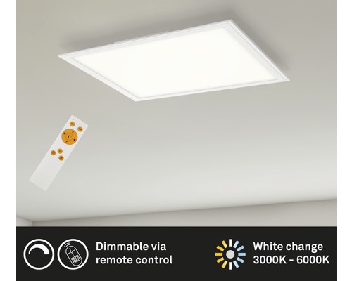 LED Deckenleuchte mit Fernbedienung zur Dimmung und Änderung der Lichtfarbe.