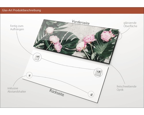 Glasbild mit Blumenmotiv, glänzender Oberfläche und Aufhängern
