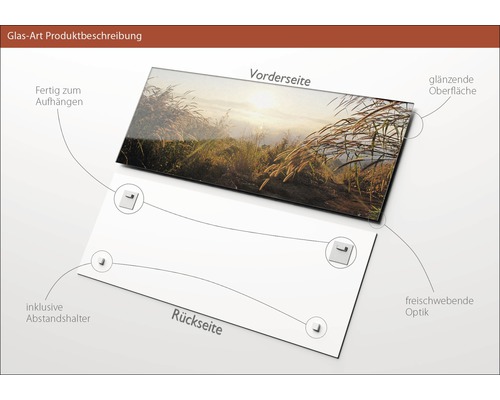 Glasbild mit Landschaftsmotiv, inklusive Abstandshalter, fertig zum Aufhängen und mit glänzender Oberfläche
