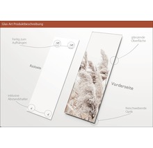 Glasbild Produktbeschreibung: Rückseite mit Aufhängung und Abstandshalter, Vorderseite mit glänzender Oberfläche und schwebender Optik