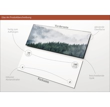 Glasbild mit Waldmotiv, inklusive Abstandshalter zur Wandmontage und glänzender Oberfläche