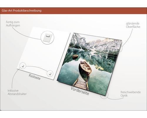 Produktbeschreibung einer Glasbildes mit See Motiv, inklusive Halterung und glänzender Oberfläche