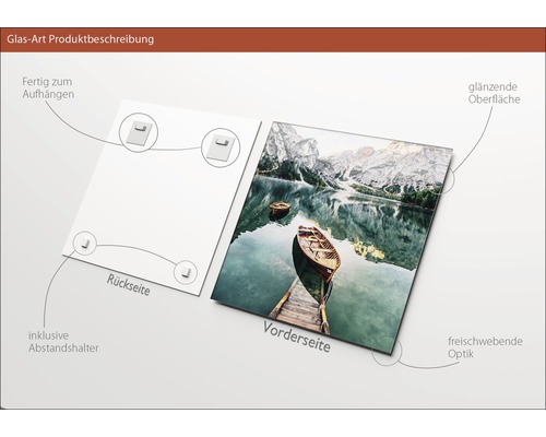 Glasbild mit Bergsee-Motiv, inklusive Aufhängung und Abstandshalter