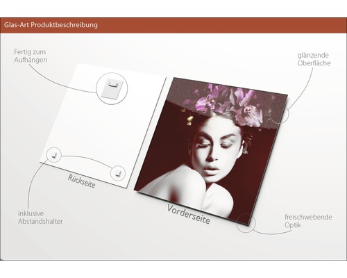 Glasbild mit glänzender Oberfläche, inklusive Abstandshalter und Aufhängevorrichtung