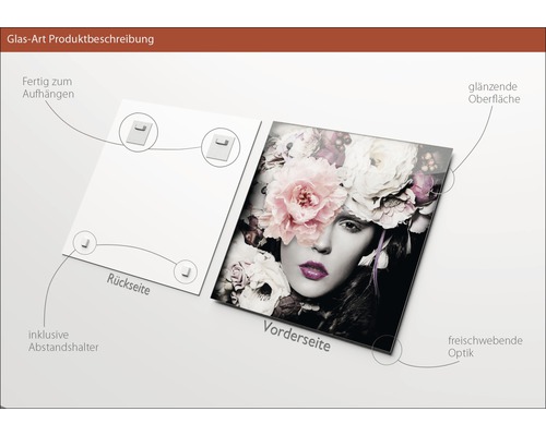 Glasbild mit Frauenportrait und Blumen, inklusive Wandhalterung