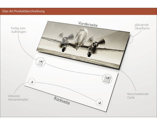 Glasbild mit Flugzeugmotiv, inklusive Abstandshalter und glänzender Oberfläche