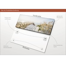 Produktbeschreibung Glasbild: Vorder- und Rückseite mit Details zu Aufhängung, Abstandshalter und glänzender Oberfläche