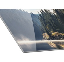 Nahaufnahme eines Acrylglasbildes mit Waldlandschaft und See