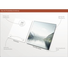 Produktbeschreibung Glasbild: Vorder- und Rückseite mit Aufhängevorrichtung und Abstandshalter