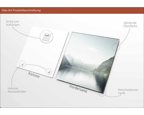 Produktbeschreibung Glasbild: Vorder- und Rückseite mit Aufhängevorrichtung und Abstandshalter