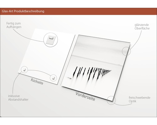 Glasbild mit Aufhängevorrichtung, Abstandshalter, glänzender Oberfläche und schwebender Optik