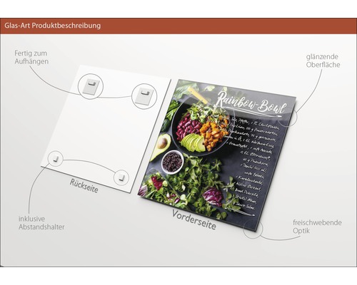 Glasbild mit Rainbow-Bowl-Motiv, inklusive Abstandshalter und Aufhängevorrichtung