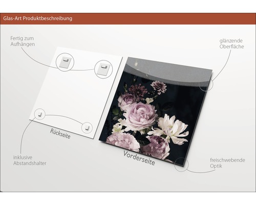 Glasbild mit Blumenmotiv, glänzender Oberfläche, inklusive Abstandshalter und Aufhängung