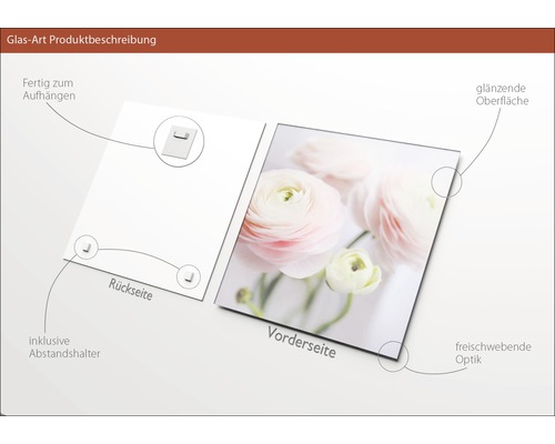 Glasbild Produktbeschreibung: Rückseite mit Halterung zum Aufhängen und Abstandshalter, Vorderseite mit glänzender Oberfläche in schwebender Optik