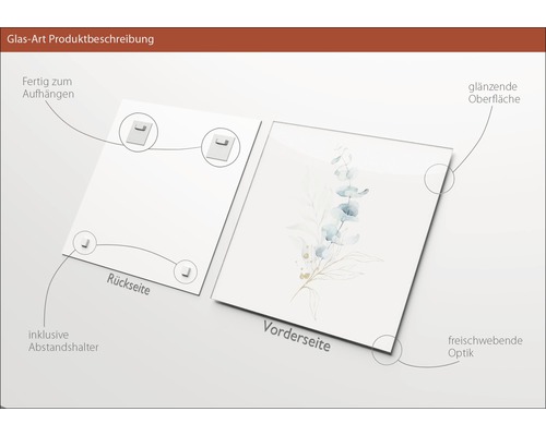 Glasbild mit Aufhängung, Abstandshalter, glänzender Oberfläche und schwebender Optik
