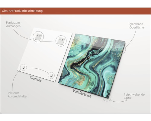 Glasbild mit Marmormuster, inklusive Wandhalterung