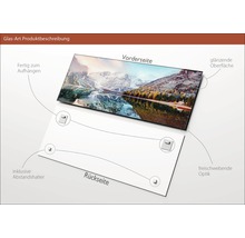 Produktbeschreibung einer Glas-Art: Vorder- und Rückseite mit glänzender Oberfläche, fertig zum Aufhängen, inklusive Abstandshalter für freischwebende Optik.
