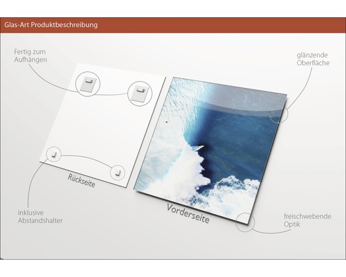 Glasbild Produktbeschreibung: Vorder- und Rückseite mit Abstandshalter und Aufhängung