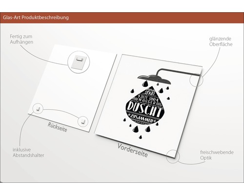 Glasbild mit Duschmotiv, inklusive Abstandshalter zur einfachen Aufhängung.