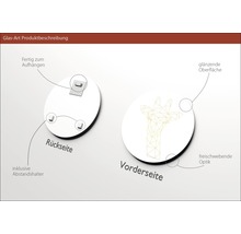 Produktbeschreibung Glasbild: Rückseite mit Halterung zum Aufhängen, Vorderseite mit Giraffenmotiv und glänzender Oberfläche