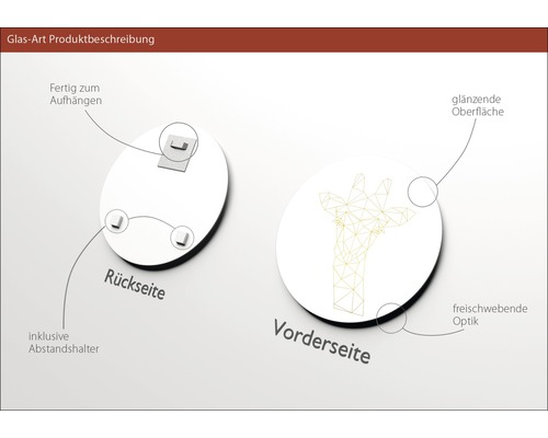 Produktbeschreibung Glasbild: Rückseite mit Halterung zum Aufhängen, Vorderseite mit Giraffenmotiv und glänzender Oberfläche