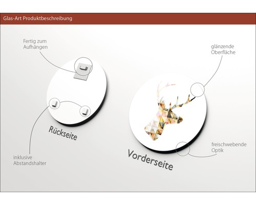 Glasbild mit Hirschmotiv, Rückseite mit Aufhängung und Abstandshalter